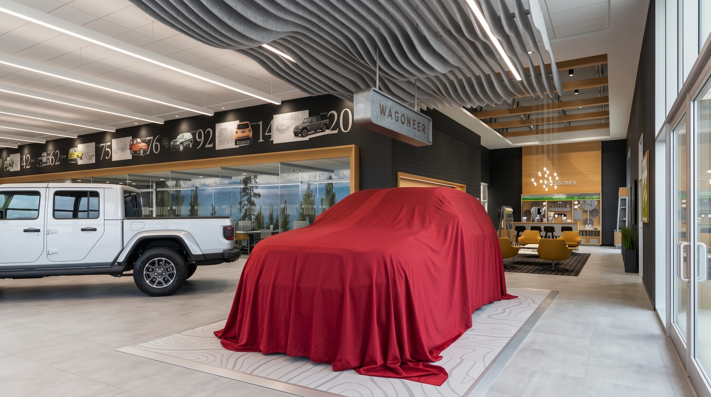 The Wagoneer display is framed by a sculptural ceiling and dark materials.