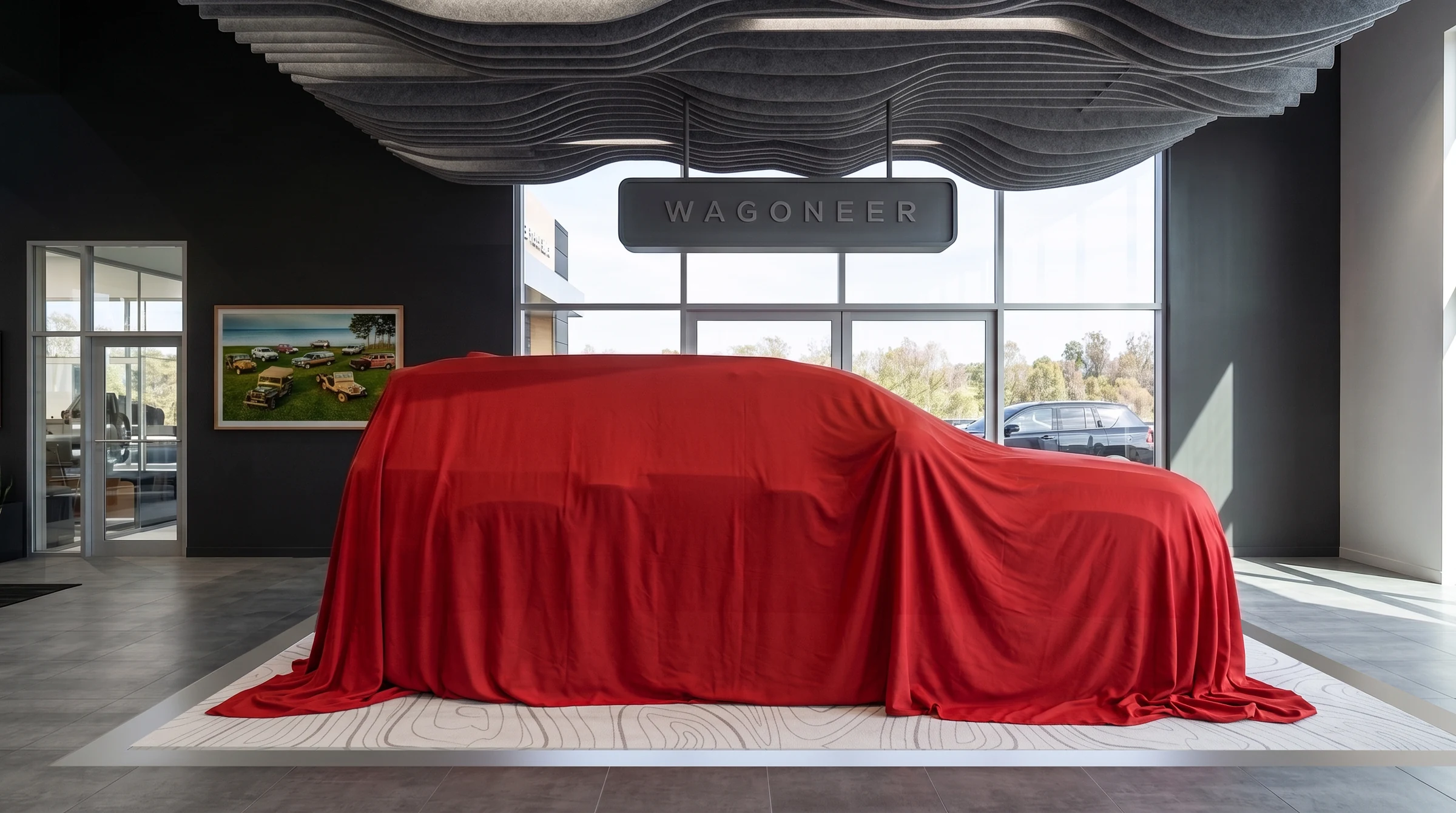 The Wagoneer vehicle display gives the interior a distinct focal point.
