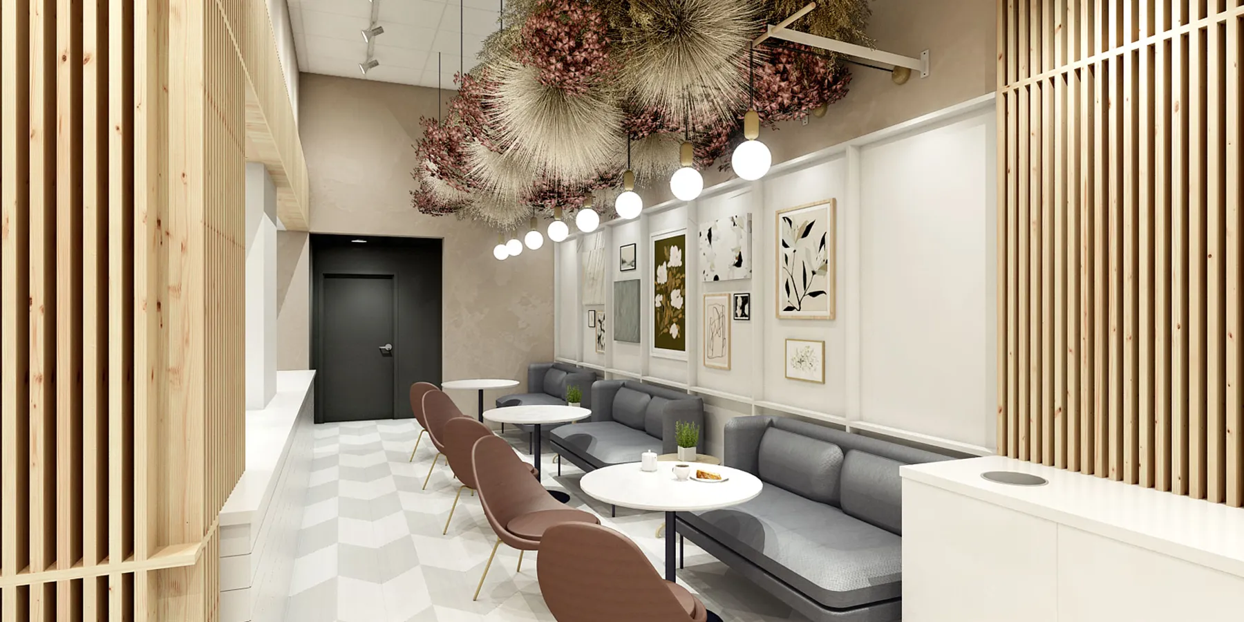 Interior visualization of 8 Cakes with timber screens and floral details