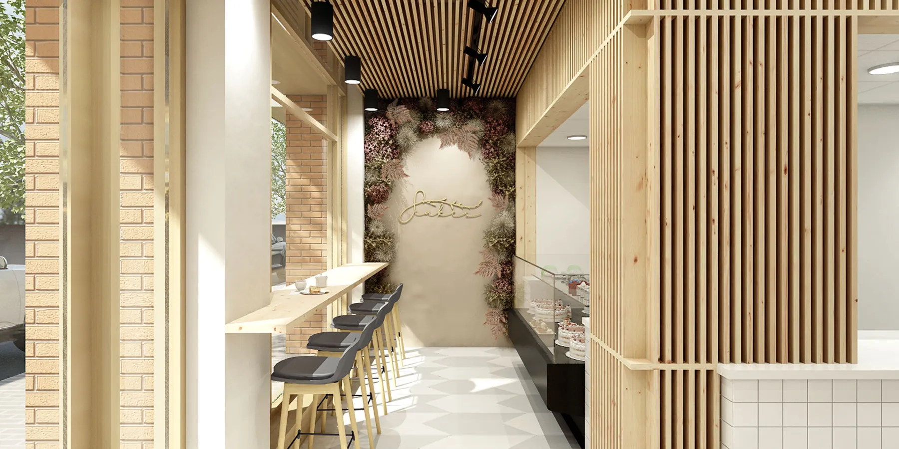 Lighting and repeated timber details guide the view through the shop.
