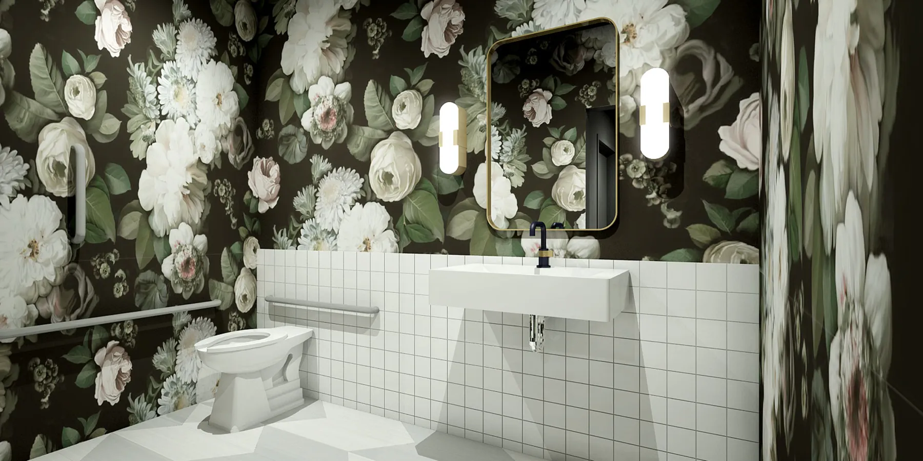 A floral wall gives a small room a distinct personality.