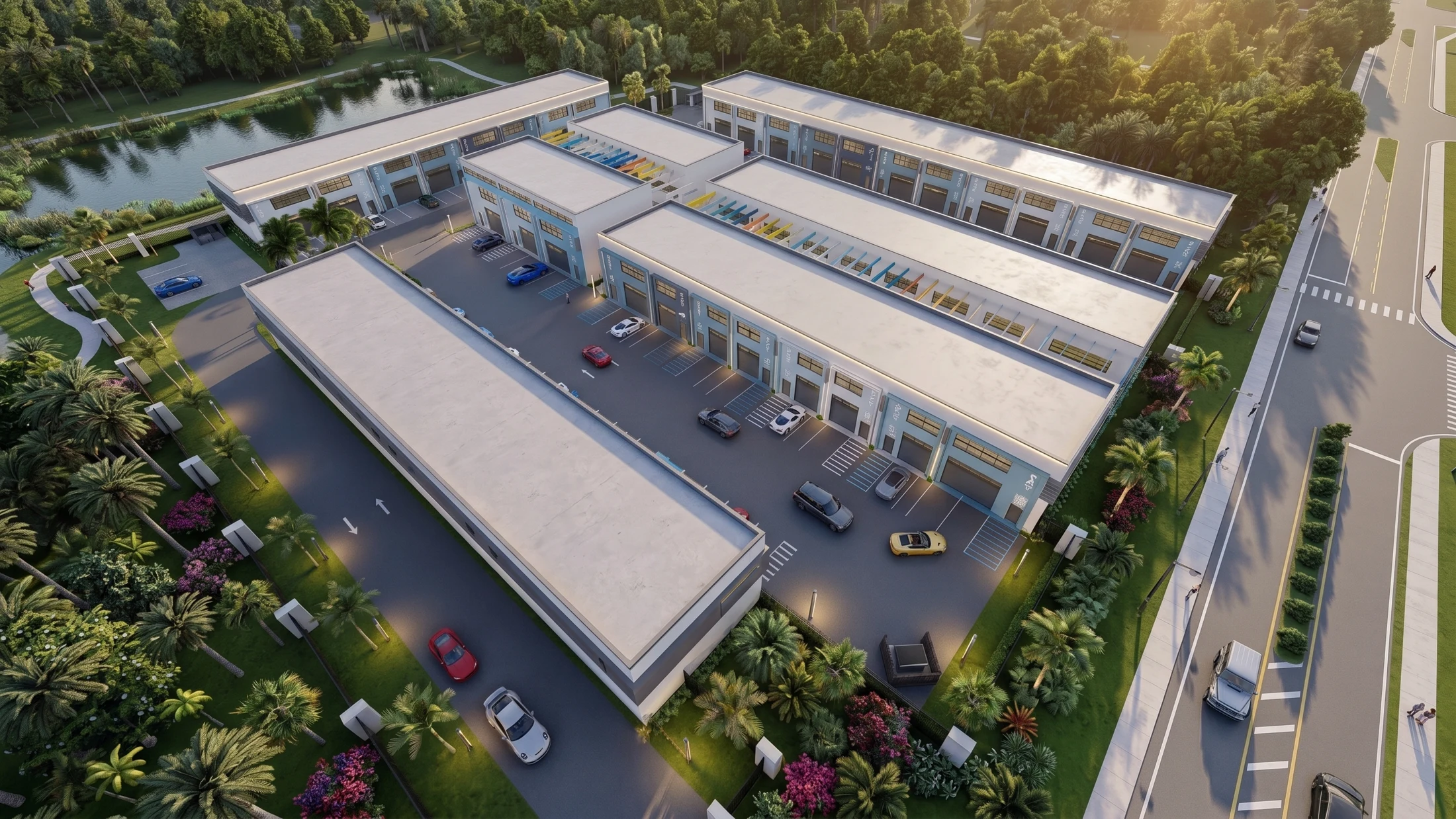 Aerial visualization of the Bonita Speed private garage development