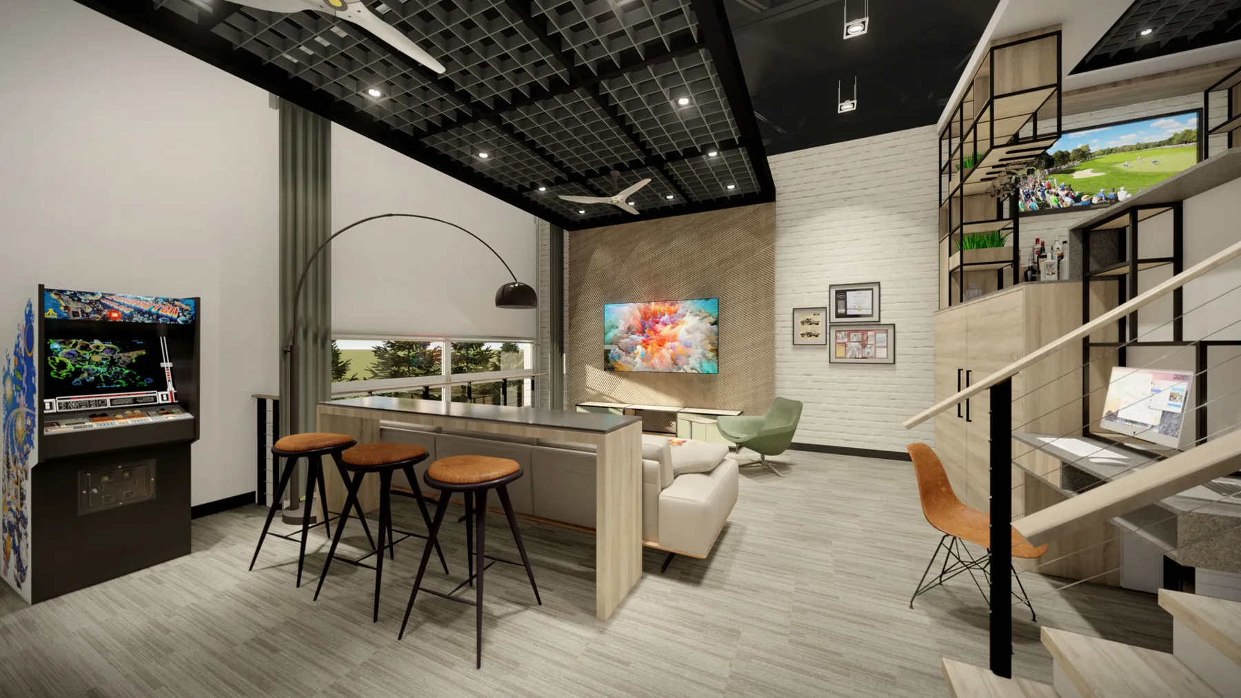 The kitchen and gathering space keep the garage in view.