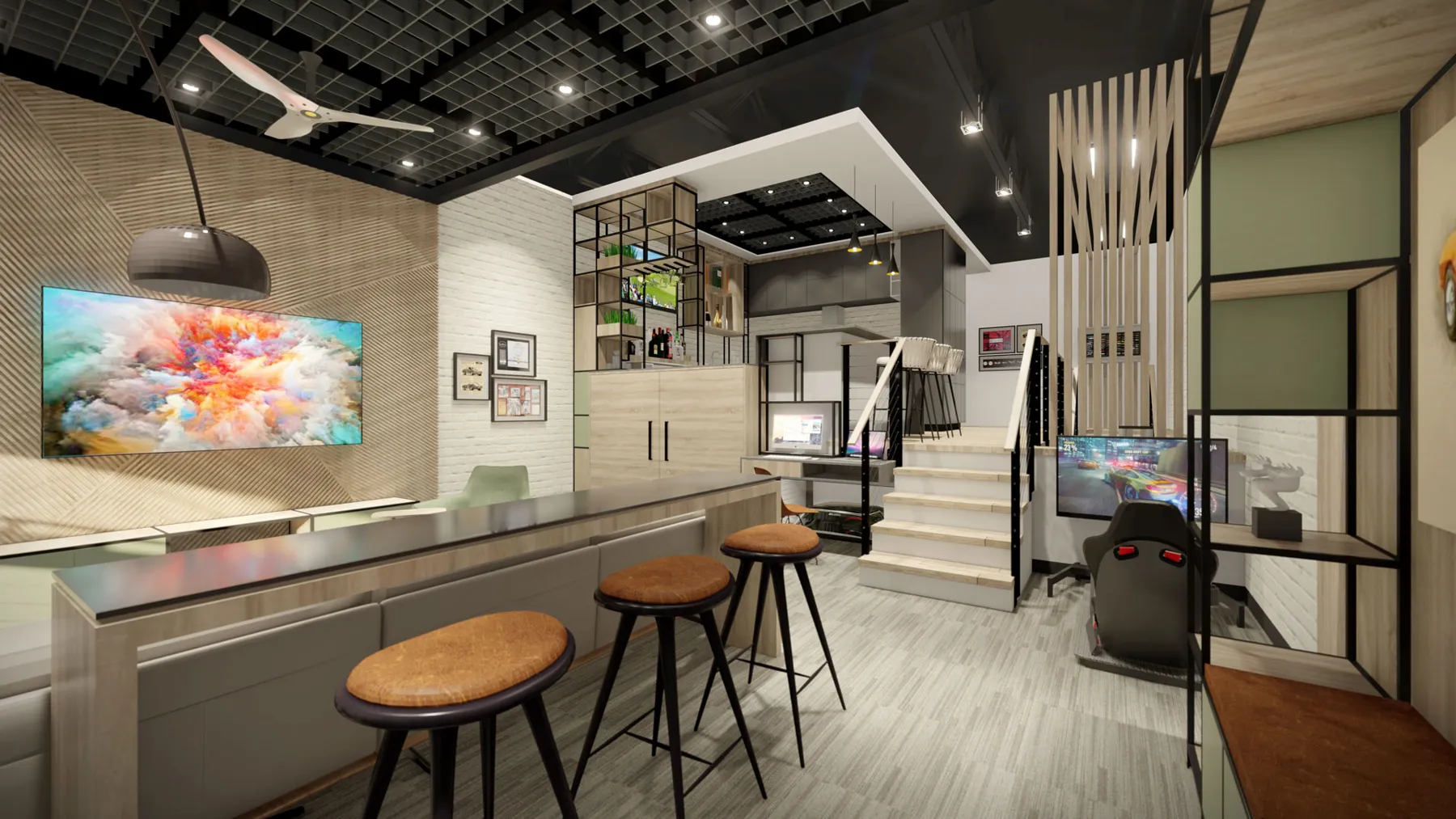 A long counter creates a social center above the collection.