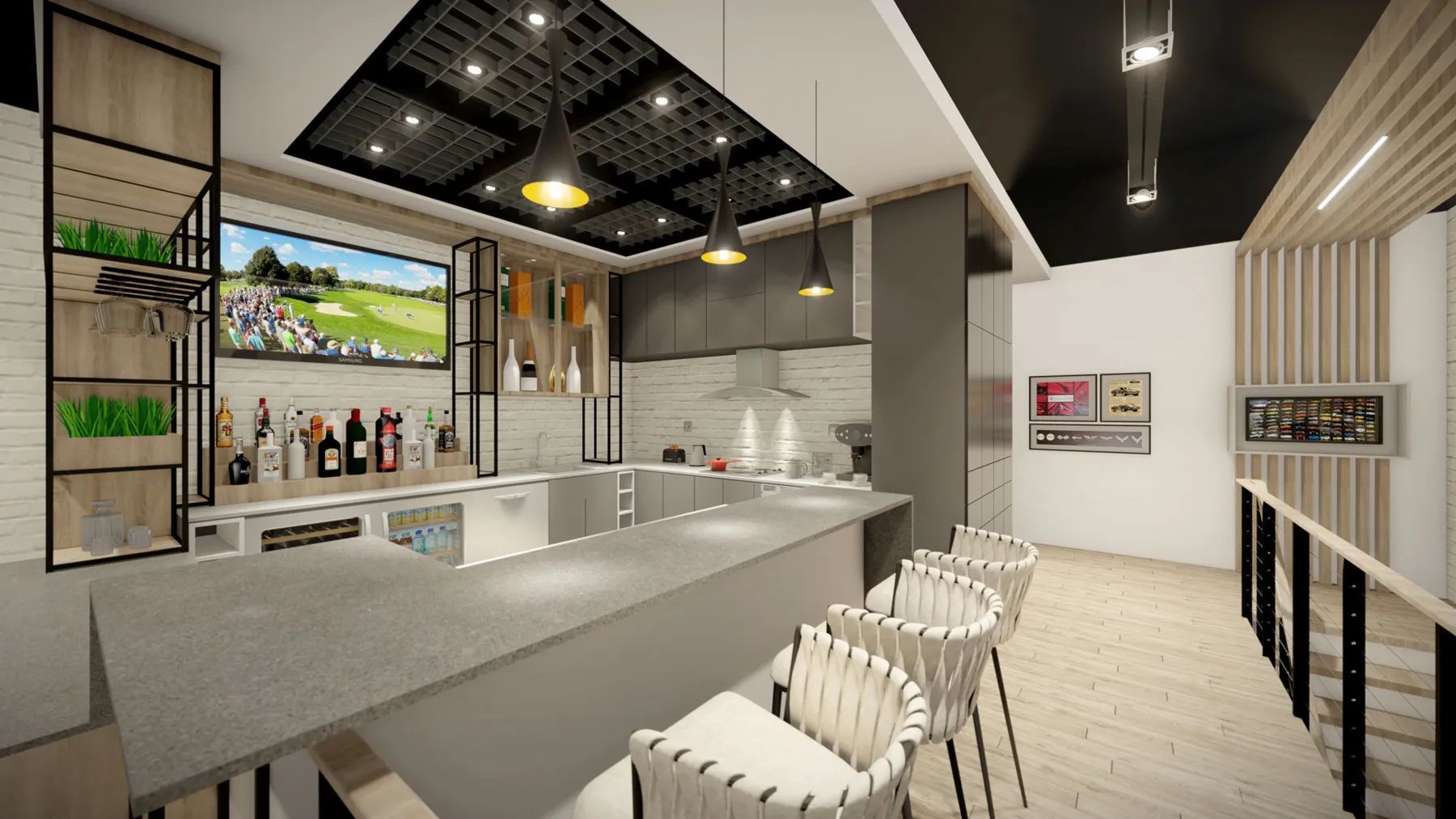 Materials and lighting distinguish the upper-level spaces.