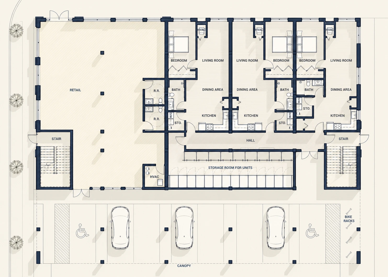 Schematic floor plan of The Continental on bone paper, with navy linework and restrained hatching