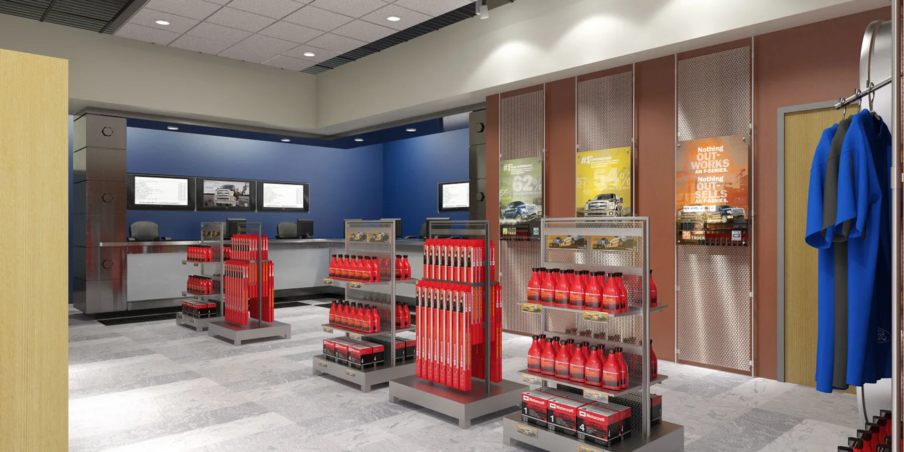 Product display and service functions share a coordinated material palette.