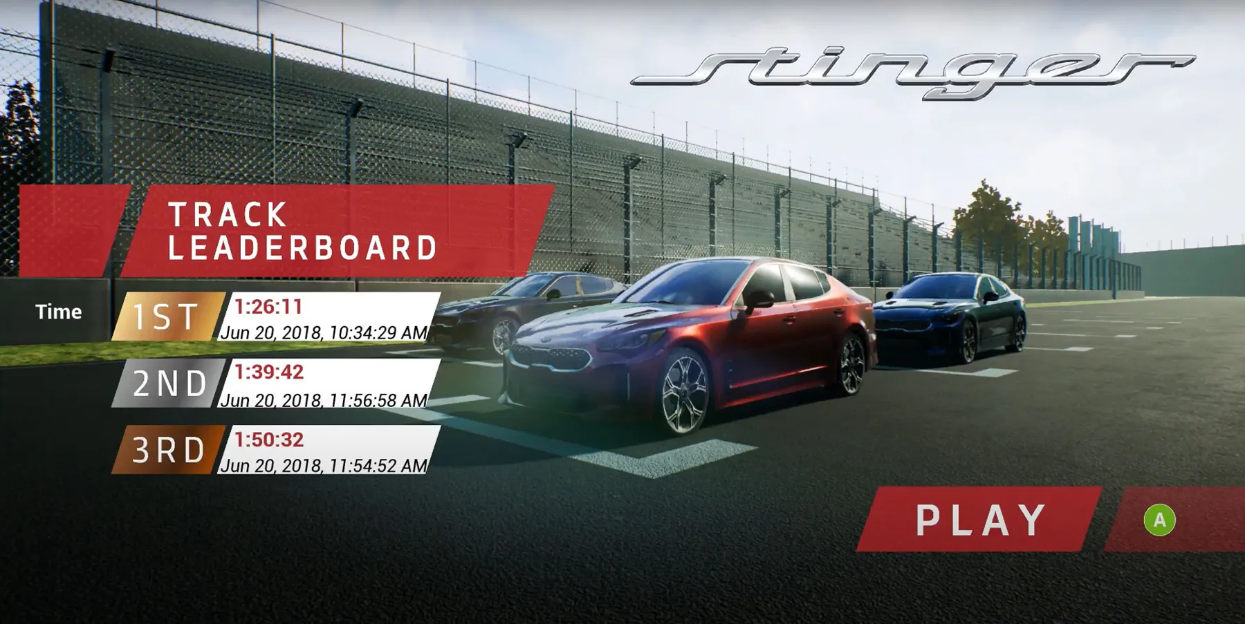 Archived Kia Stinger racing game screen with a vehicle and a local leaderboard