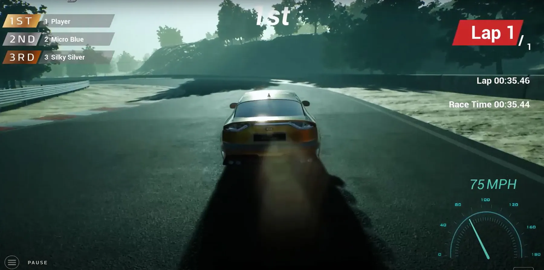 The camera follows the vehicle through the race.