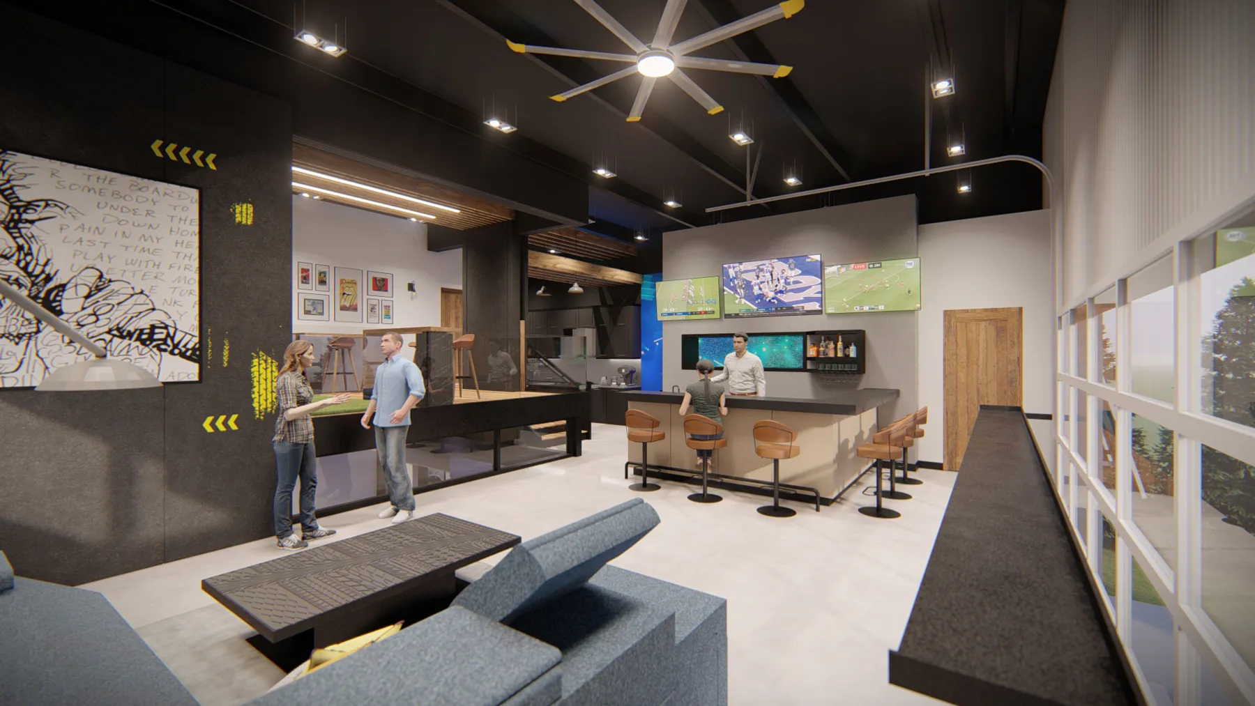 Furniture and lighting distinguish the social spaces within the industrial shell.