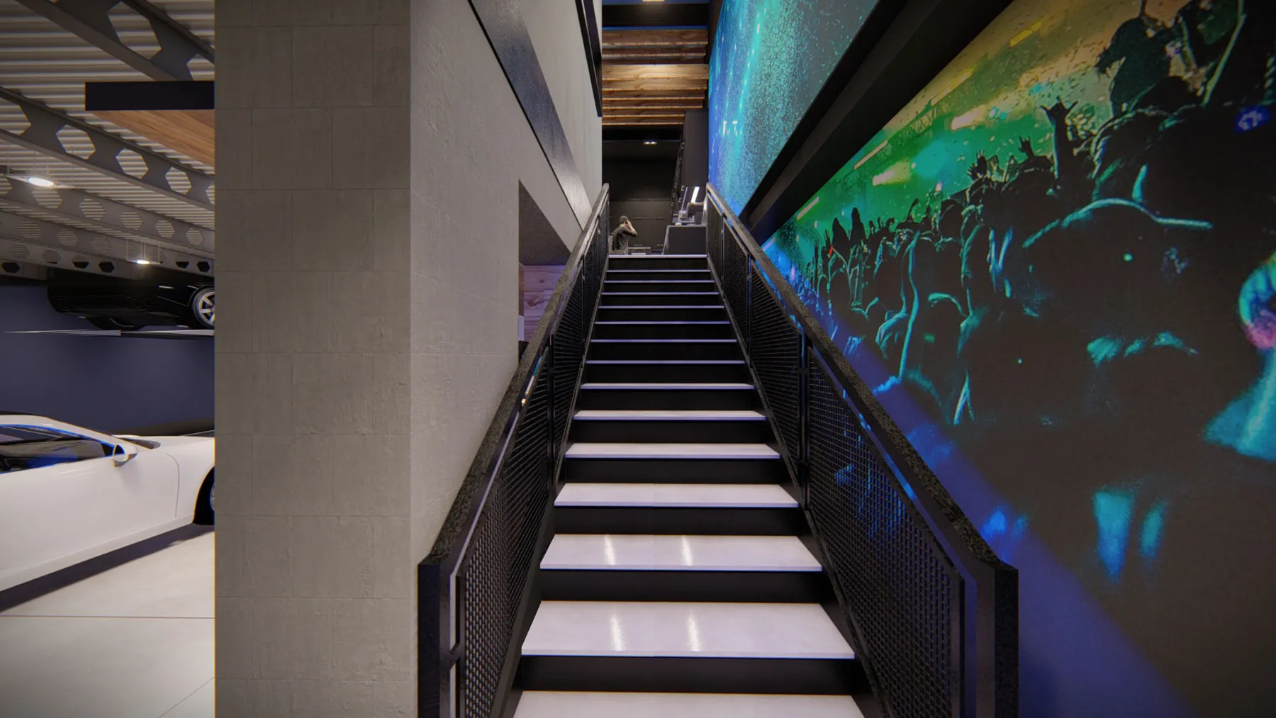 A brightly lit stair turns circulation into part of the experience.