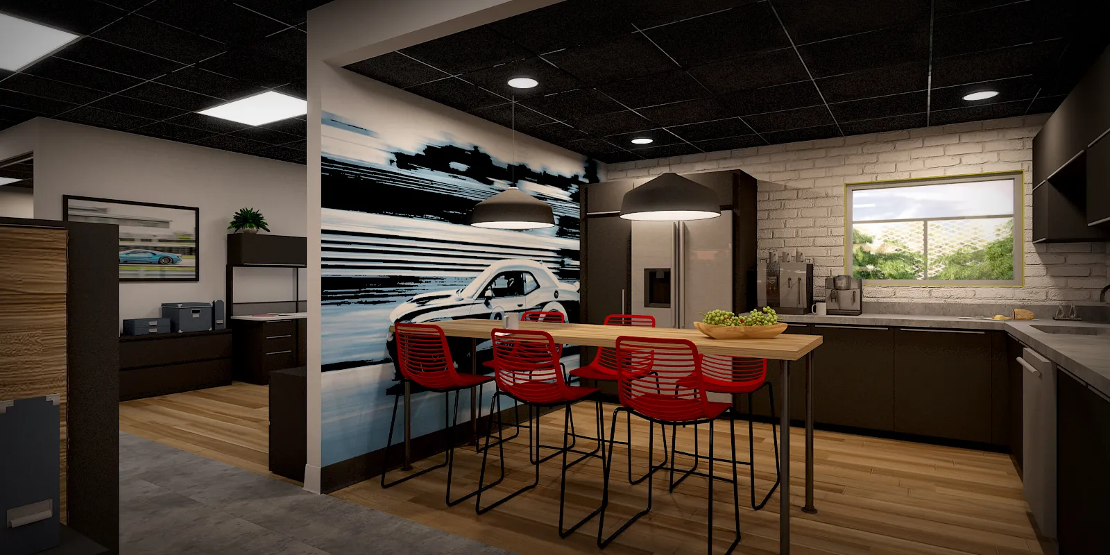 A communal counter makes room for informal conversation.