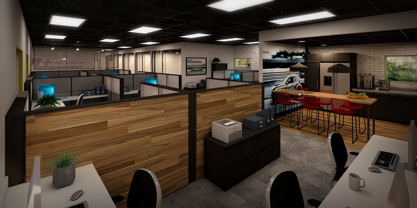 Workspaces remain connected across the open interior.