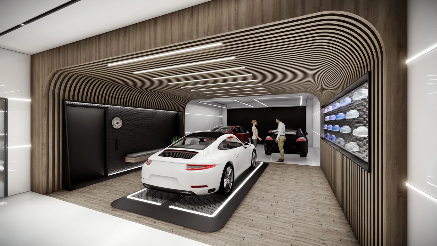 A vehicle lift explores storage within the available footprint.