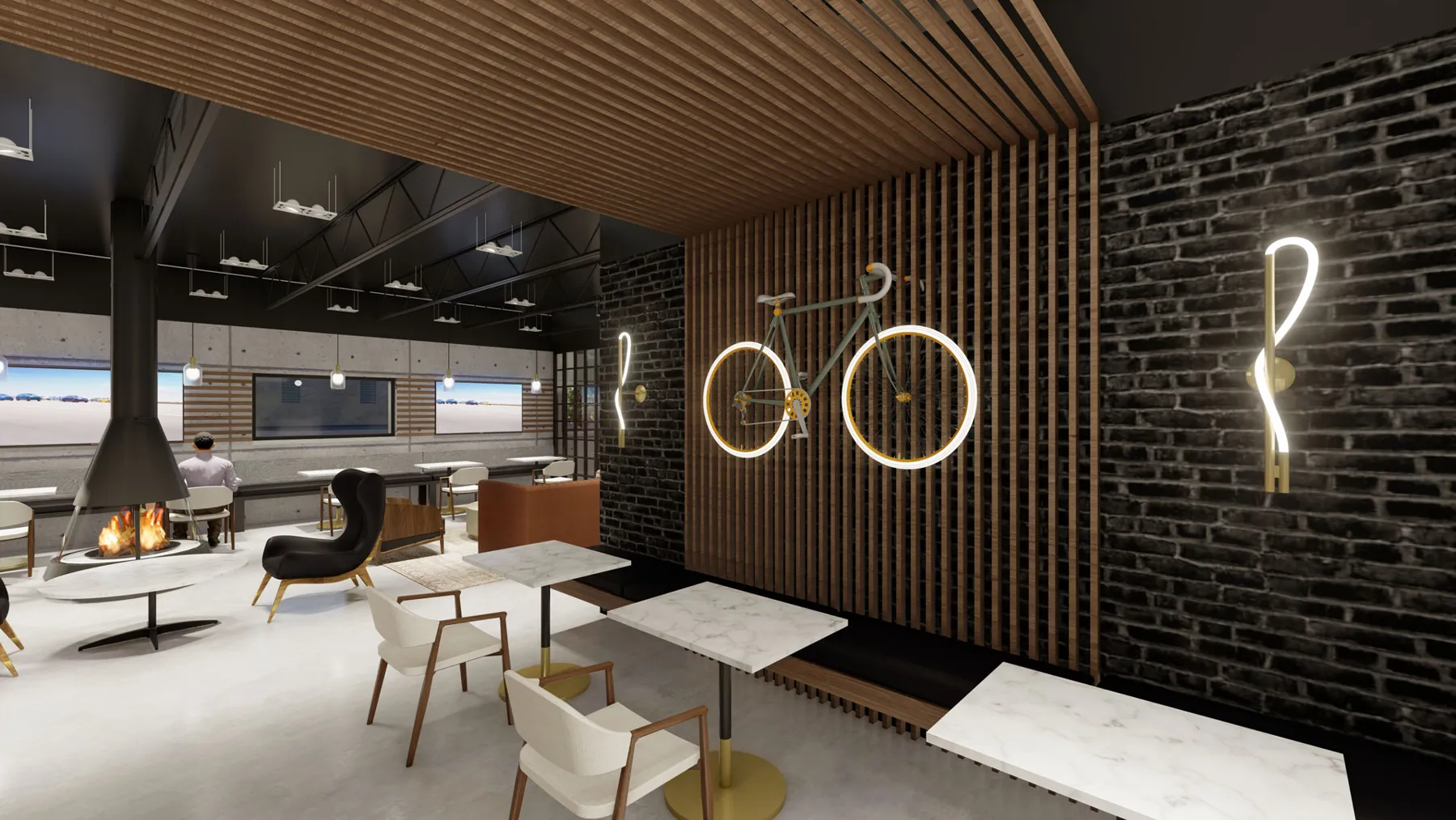 The club’s identity is integrated into the architecture and material palette.