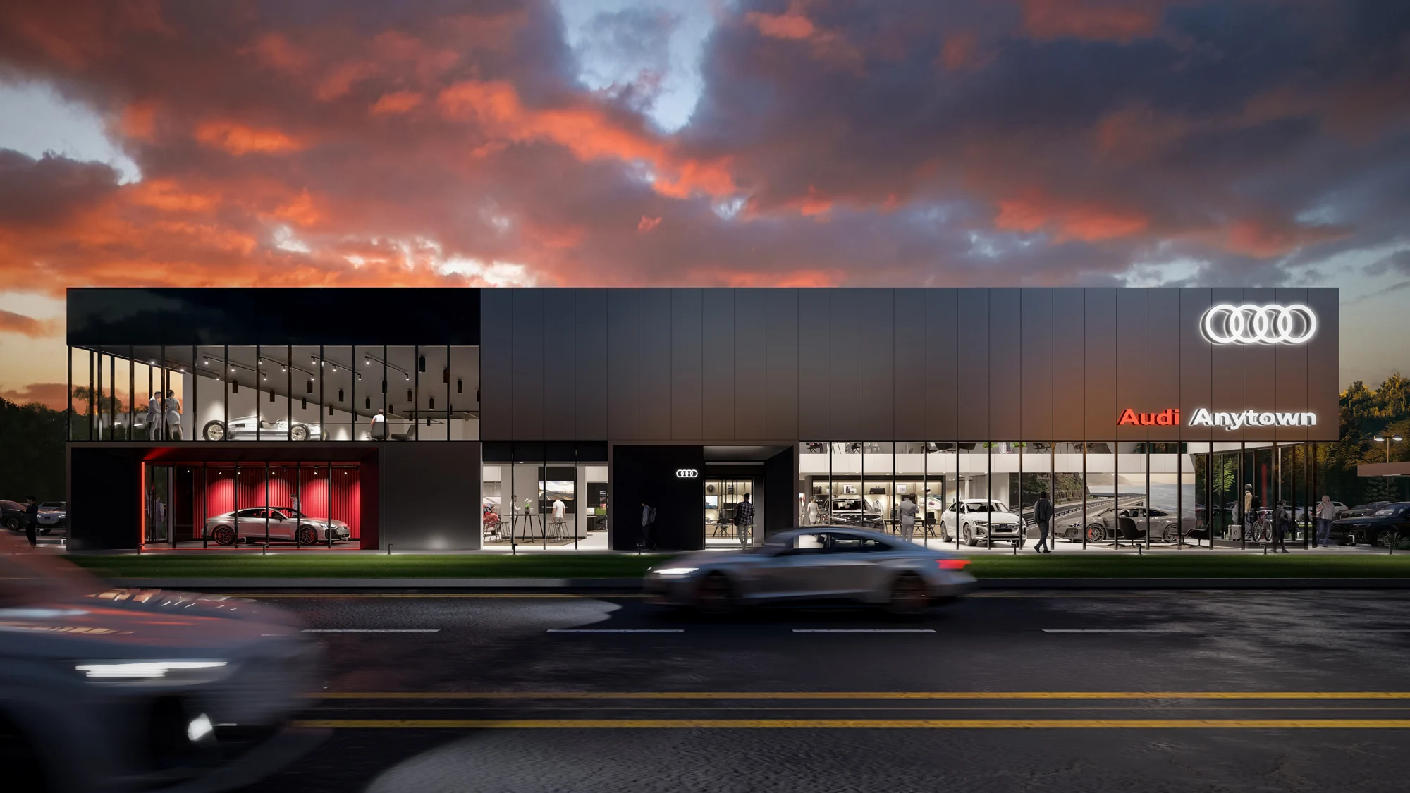 Architectural visualization of the Audi US market prototype at sunset