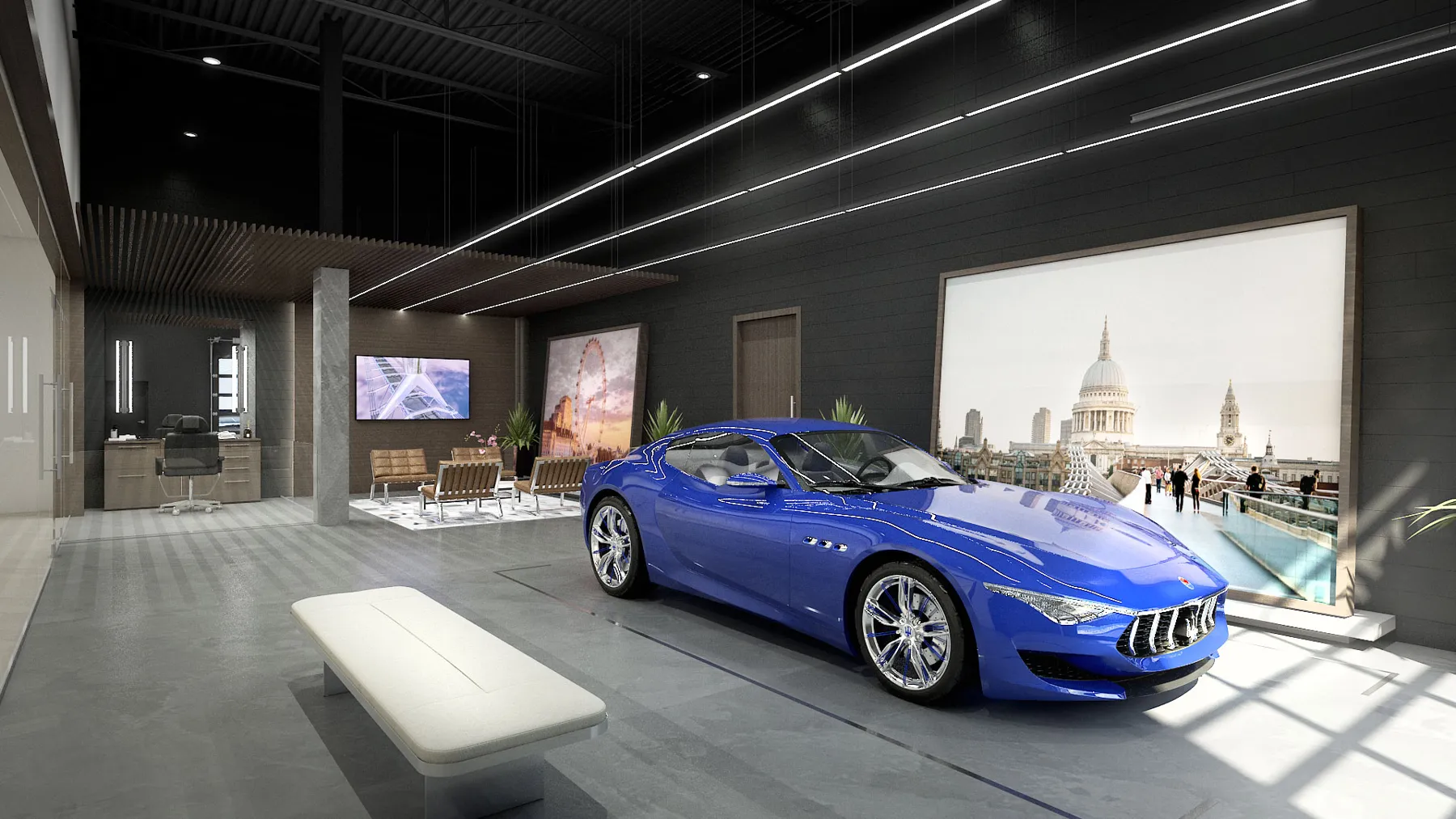 A gallery setting gives the vehicles room to be seen.